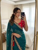 Satin Chiffon Embroidered Saree with Diamond Work & Contrast Blouse - Image 12