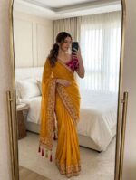 Satin Chiffon Embroidered Saree with Diamond Work & Contrast Blouse - Image 13