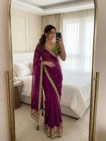 Satin Chiffon Embroidered Saree with Diamond Work & Contrast Blouse - Image 14