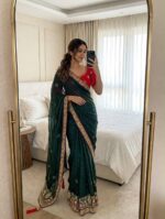 Satin Chiffon Embroidered Saree with Diamond Work & Contrast Blouse - Image 15