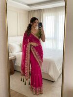 Satin Chiffon Embroidered Saree with Diamond Work & Contrast Blouse - Image 16