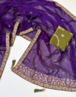 Satin Chiffon Embroidered Saree with Diamond Work & Contrast Blouse - Image 17