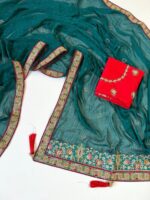 Satin Chiffon Embroidered Saree with Diamond Work & Contrast Blouse - Image 18