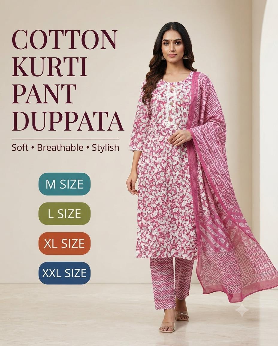 WhatsApp Image 2026-09-23 at 12.41.02 PM Cotton Kurti Pant Dupatta Set – Printed 3 Piece Suit | M to XXL - Image 1